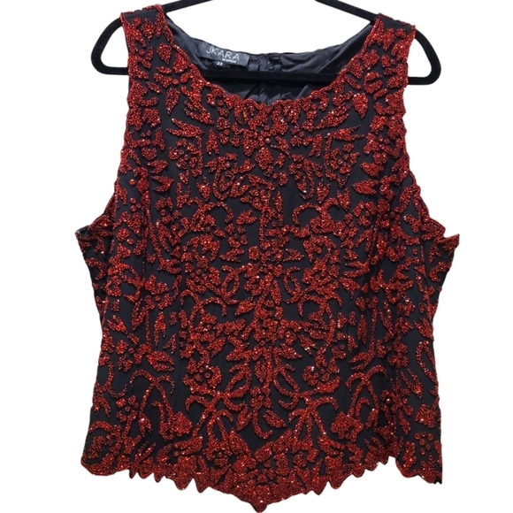 2X Red Black Beaded Metallic Formal Tank Top with Back Zipper - Picture 1 of 5